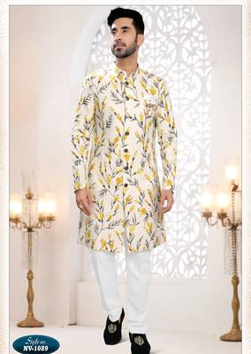 Men's cream linen self design in fabric kurta set 1