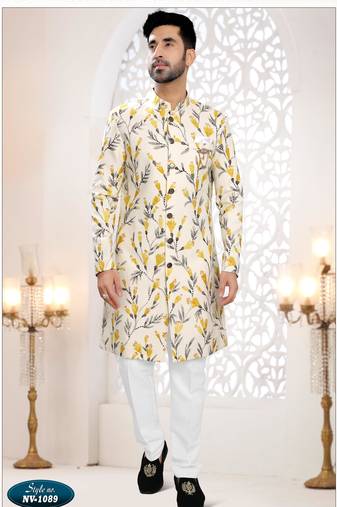 Men's cream linen self design in fabric kurta set