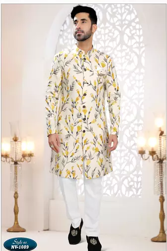 Men's cream linen self design in fabric kurta set