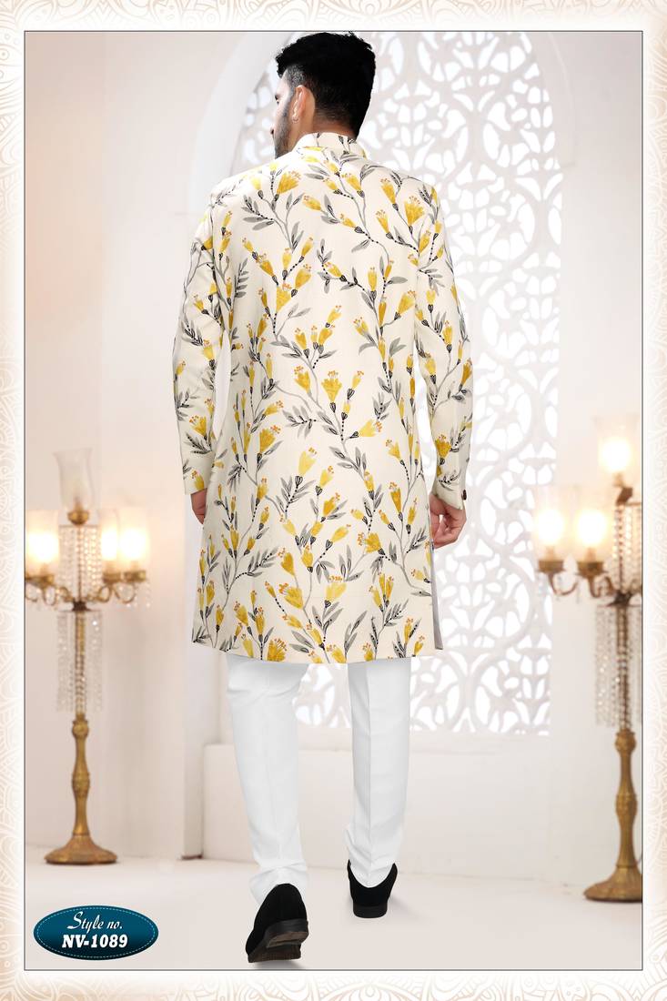 Men's cream linen self design in fabric kurta set