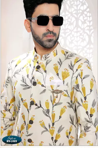 Men's cream linen self design in fabric kurta set