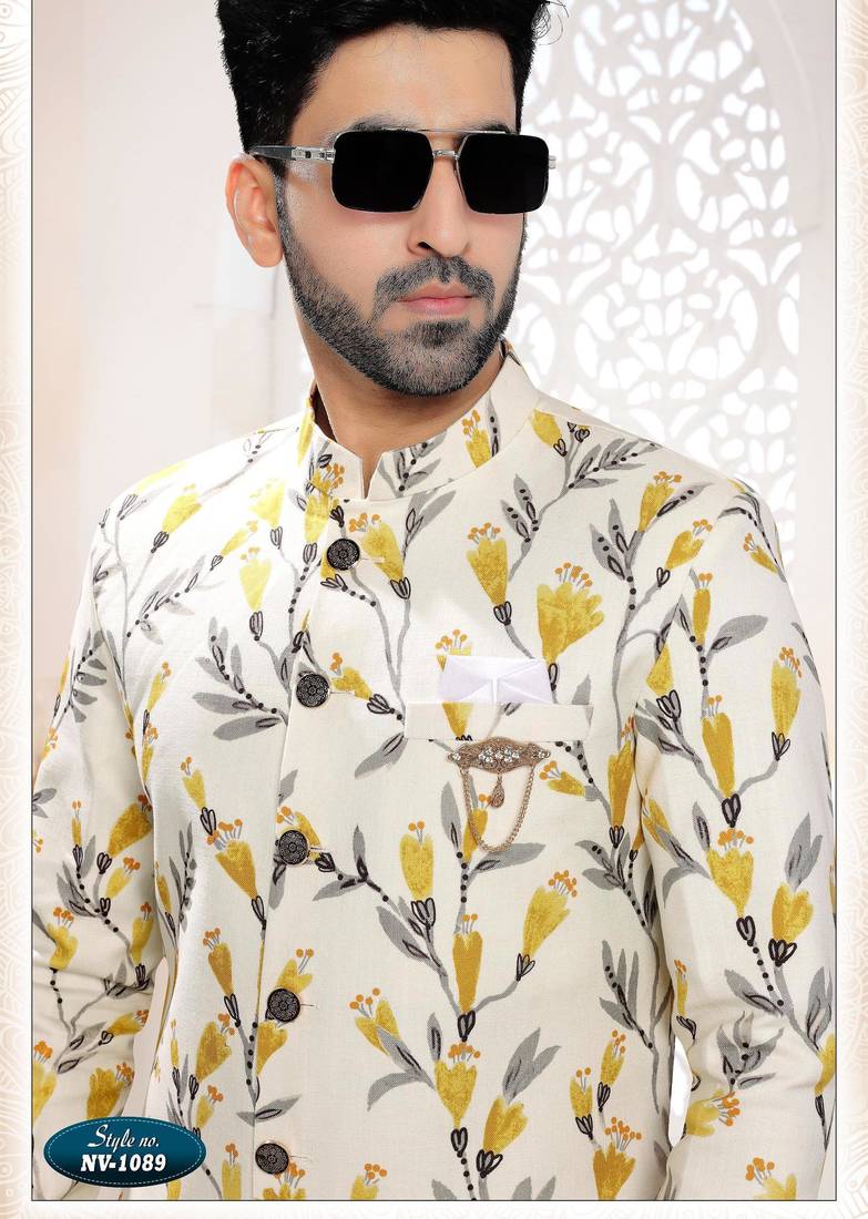 Men's cream linen self design in fabric kurta set