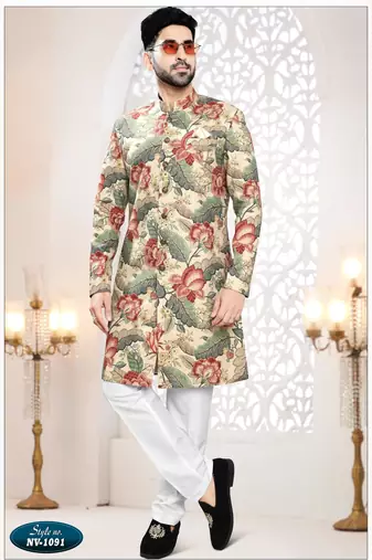 Men's beige linen self print design in fabric kurta set