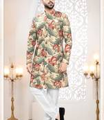 Men's beige linen self print design in fabric kurta set