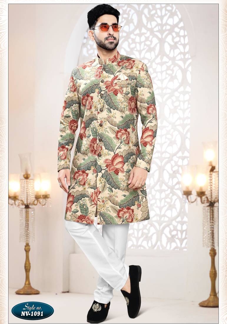 Men's beige linen self print design in fabricSherwani set