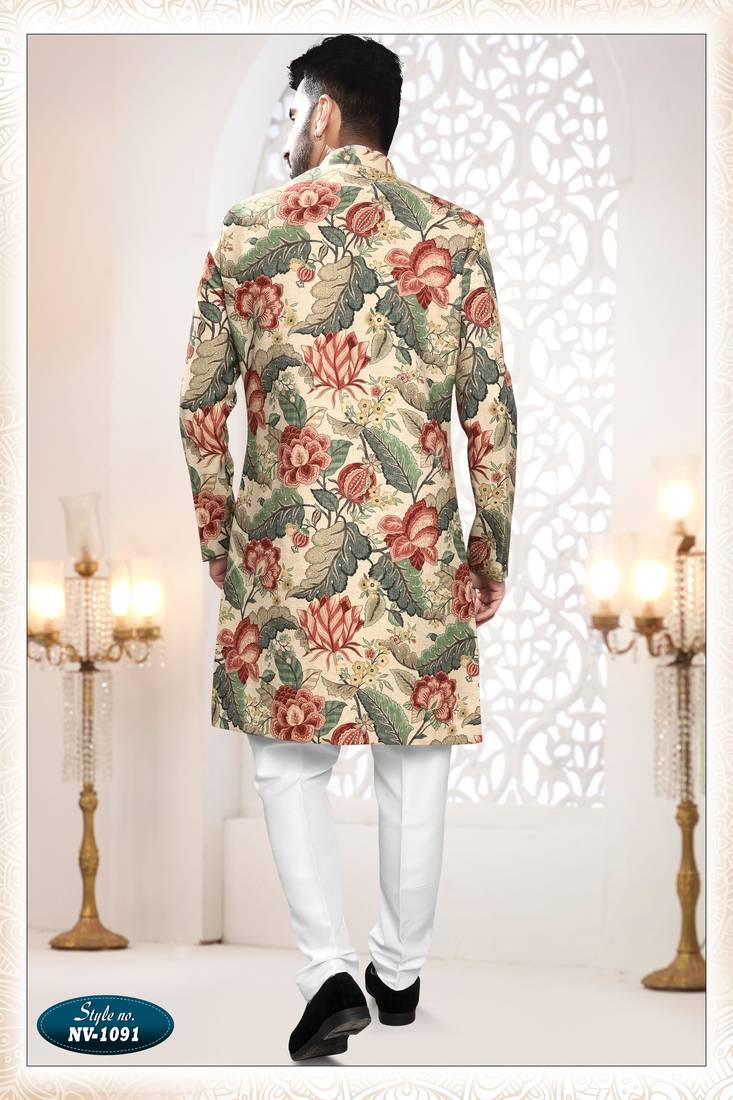 Men's beige linen self print design in fabric kurta set