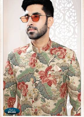 Men's beige linen self print design in fabric kurta set 3