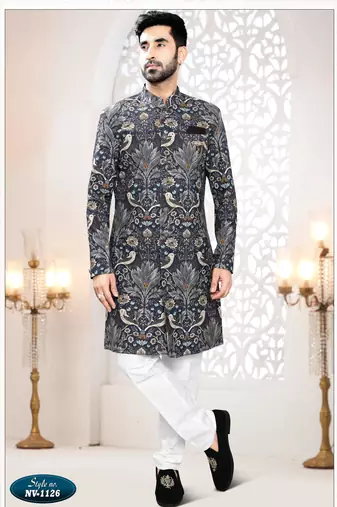 Men's blue linen self print design in fabric kurta set