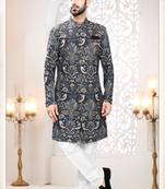 Men's blue linen self print design in fabric kurta set