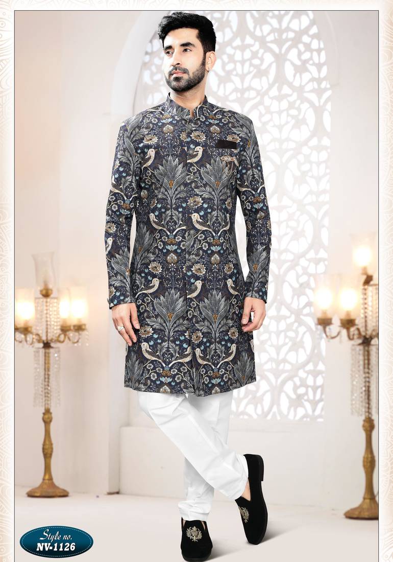 Men's blue linen self print design in fabric kurta set