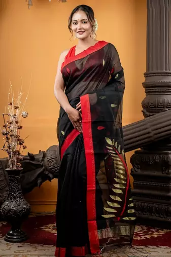 black hand woven silk blend cotton zari work all seasons sarees