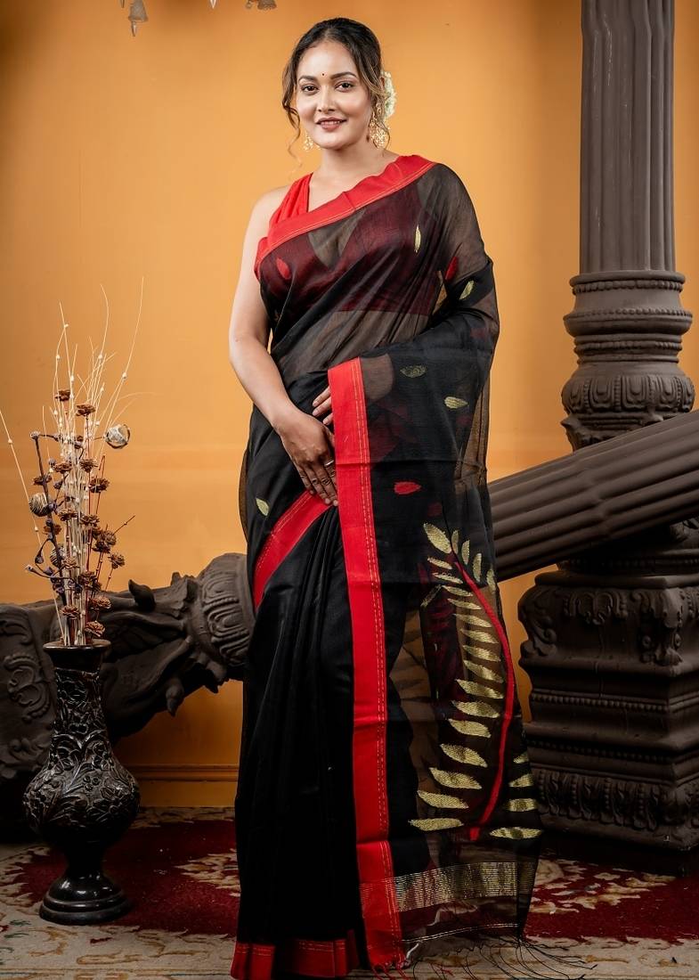 black hand woven silk blend cotton zari work all seasons sarees
