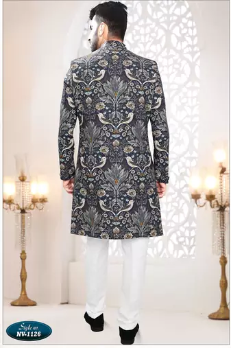 Men's blue linen self print design in fabric kurta set