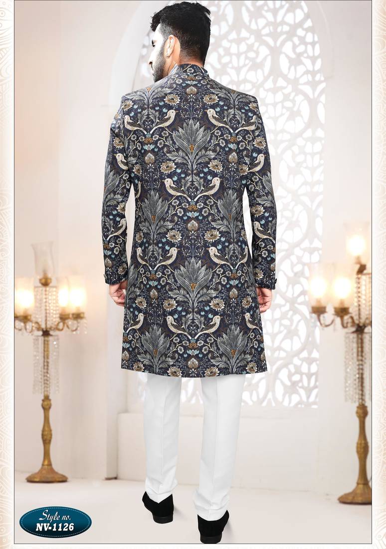 Men's blue linen self print design in fabric kurta set