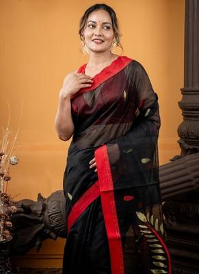 black hand woven silk blend cotton zari work all seasons sarees 2