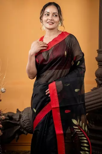 black hand woven silk blend cotton zari work all seasons sarees