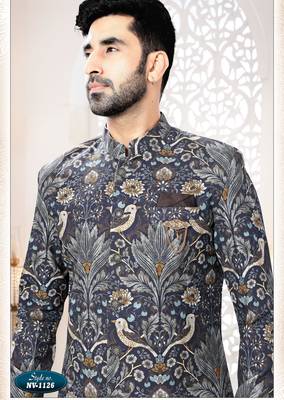 Men's blue linen self print design in fabric kurta set 3