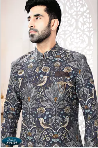 Men's blue linen self print design in fabric kurta set