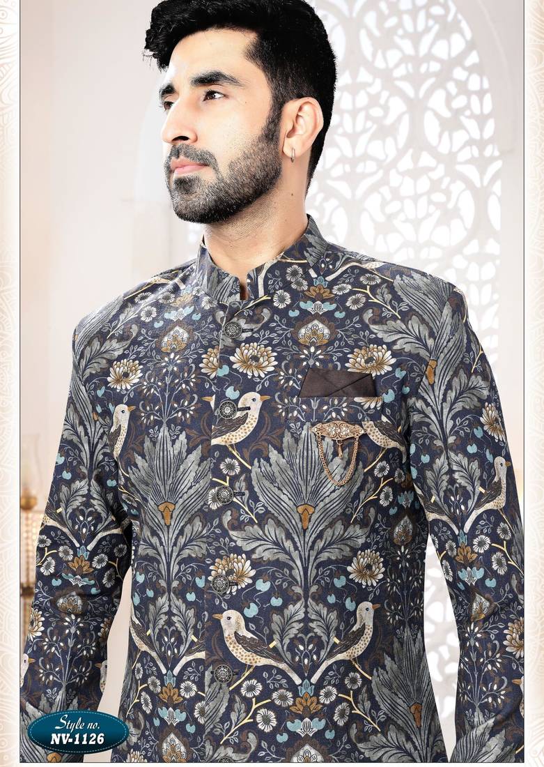 Men's blue linen self print design in fabric kurta set