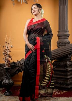 black hand woven silk blend cotton zari work all seasons sarees 3