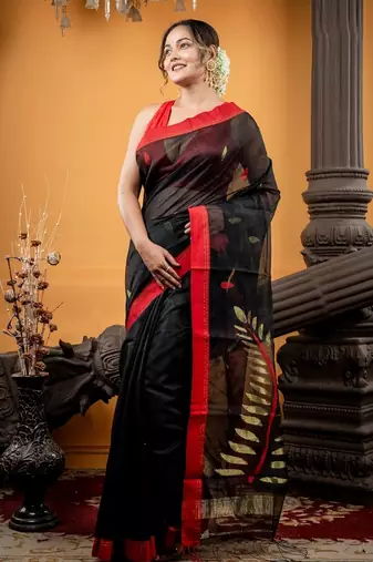 black hand woven silk blend cotton zari work all seasons sarees