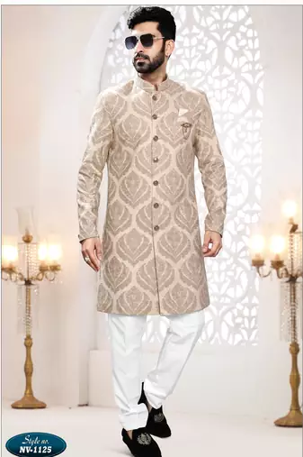 Men's bedge woven jacquard thread embroidery all over Sherwani set