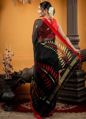 black hand woven silk blend cotton zari work all seasons sarees 4