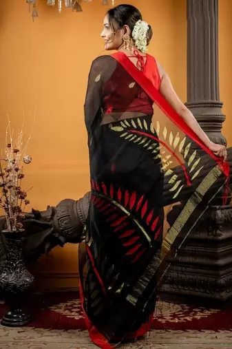 black hand woven silk blend cotton zari work all seasons sarees