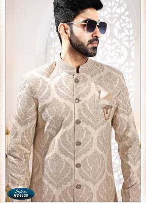 Men's bedge woven jacquard thread embroidery all over kurta set 3