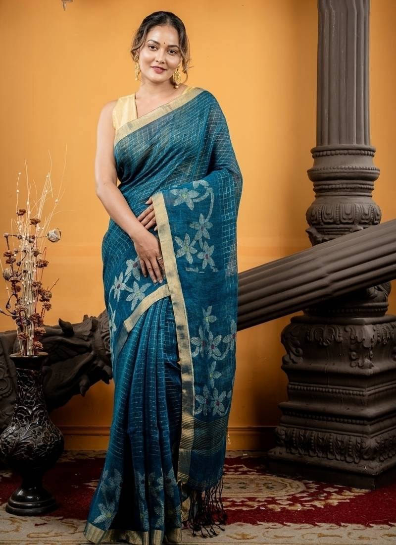 multicolor hand woven linen zari work all seasons sarees