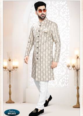 Men's beige linen thread work all over kurta set 1