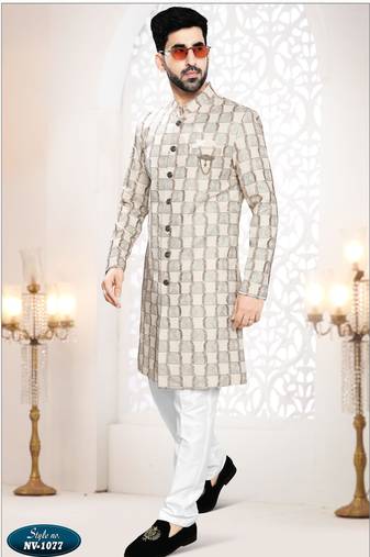 Men's beige linen thread work all overSherwani set