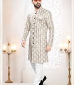 Men's beige linen thread work all over kurta set