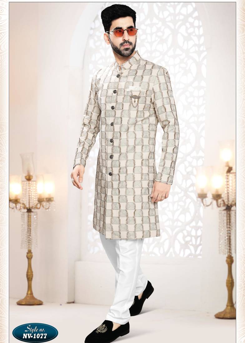Men's beige linen thread work all overSherwani set