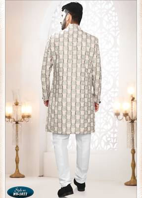 Men's beige linen thread work all over kurta set 2