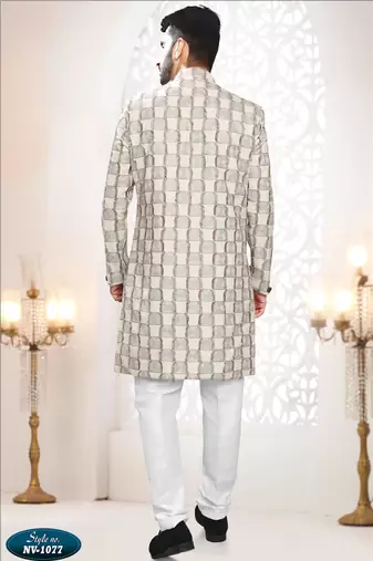 Men's beige linen thread work all over kurta set