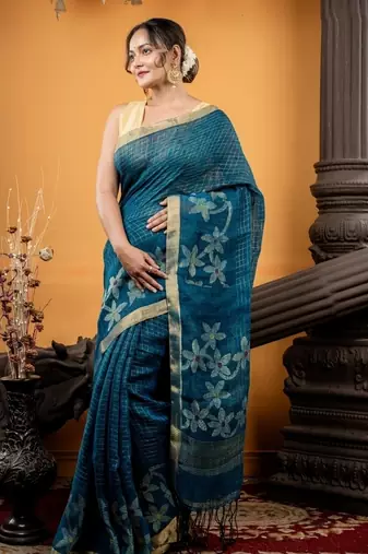 multicolor hand woven linen zari work all seasons sarees