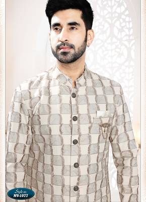 Men's beige linen thread work all over kurta set 3