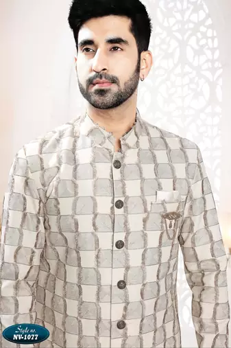 Men's beige linen thread work all over kurta set