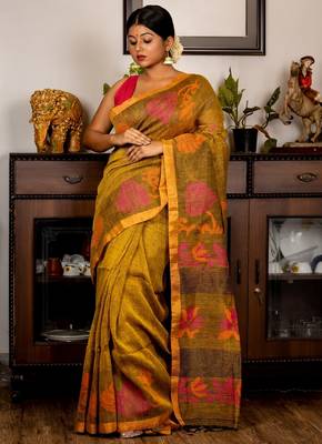 multicolor hand woven linen zari work all seasons sarees 1
