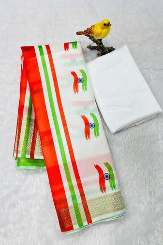White Color Tiranga Printed And Zari Weave Republic Day Banarasi Art Silk Saree