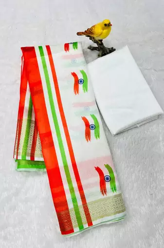 White Color Tiranga Printed And Zari Weave Republic Day Banarasi Art Silk Saree