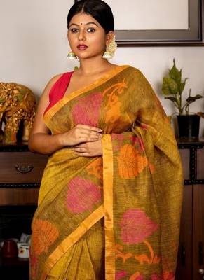 multicolor hand woven linen zari work all seasons sarees 3