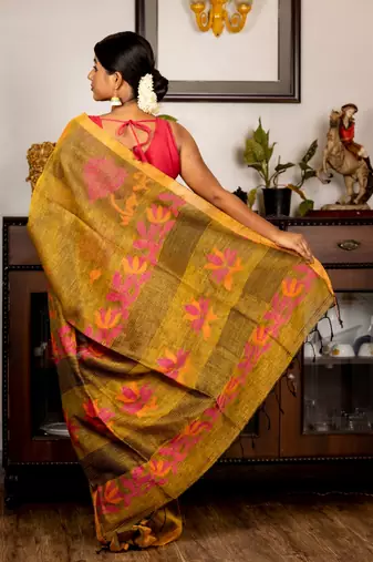multicolor hand woven linen zari work all seasons sarees