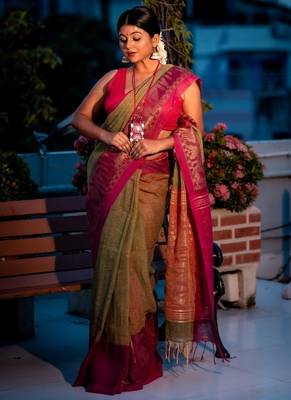 multicolor hand woven linen zari work all seasons sarees 1