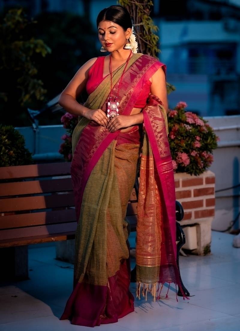 multicolor hand woven linen zari work all seasons sarees