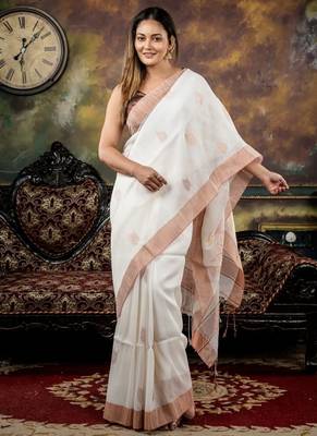 white hand woven linen zari work all seasons sarees 1