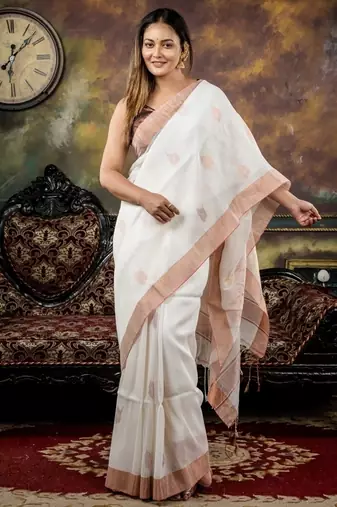white hand woven linen zari work all seasons sarees