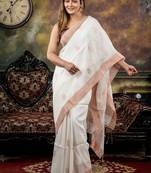 white hand woven linen zari work all seasons sarees