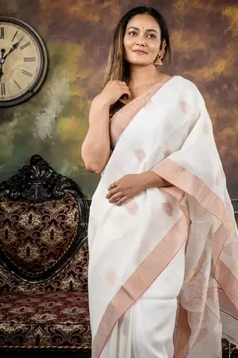 white hand woven linen zari work all seasons sarees